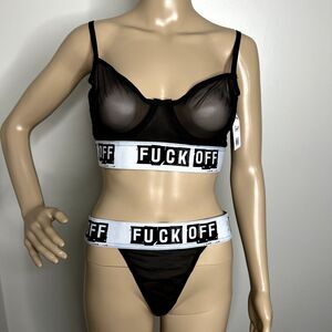 Two Piece Mesh Graphic Word Black Bra Panty Set